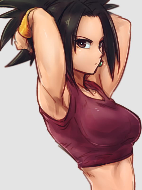 1girl, armpits, arms_up, black_hair, bracer, breasts, brown_eyes, closed_mouth