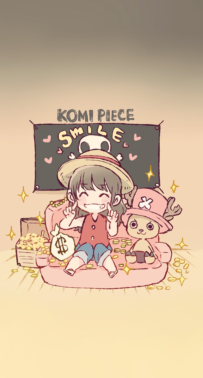 (o)_(o), 1boy, 1girl, :3, ^_^, akb48, antlers, bangs, blush, chibi, closed_eyes, closed_eyes, cosplay, couch, denim, dollar_sign, gold_coin, grin, hat, heart, highres, jeans, jolly_roger, komiyama_haruka, long_hair, looking_at_viewer, moneybag, monkey_d_luffy, monkey_d_luffy_(cosplay), one_piece, pants, phone_wallpaper, pink_headwear, pointing, pointing_at_self, red_shirt, reindeer_antlers, sack, sandals, shirt, sitting, sleeveless, sleeveless_shirt, smile, sparkle, straw_hat, taneda_yuuta, tony_tony_chopper, treasure_chest, v-shaped_eyebrows