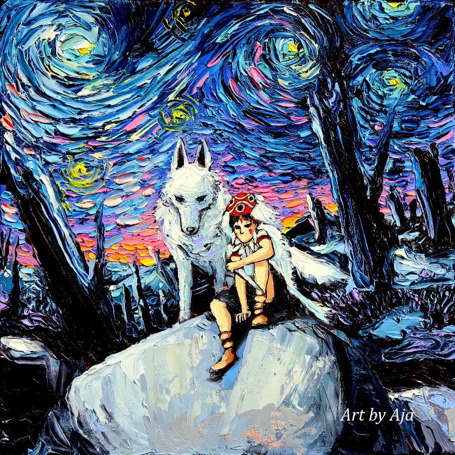 1girl, aja_trier, artist_name, brown_footwear, fine_art_parody, knee_up, knife, mononoke_hime, no_mouth, oil_painting_(medium), on_rock, outdoors, parody, san, shaded_face, sitting, sky, style_parody, tooth_necklace, vincent_van_gogh_(style), white_wolf, wolf