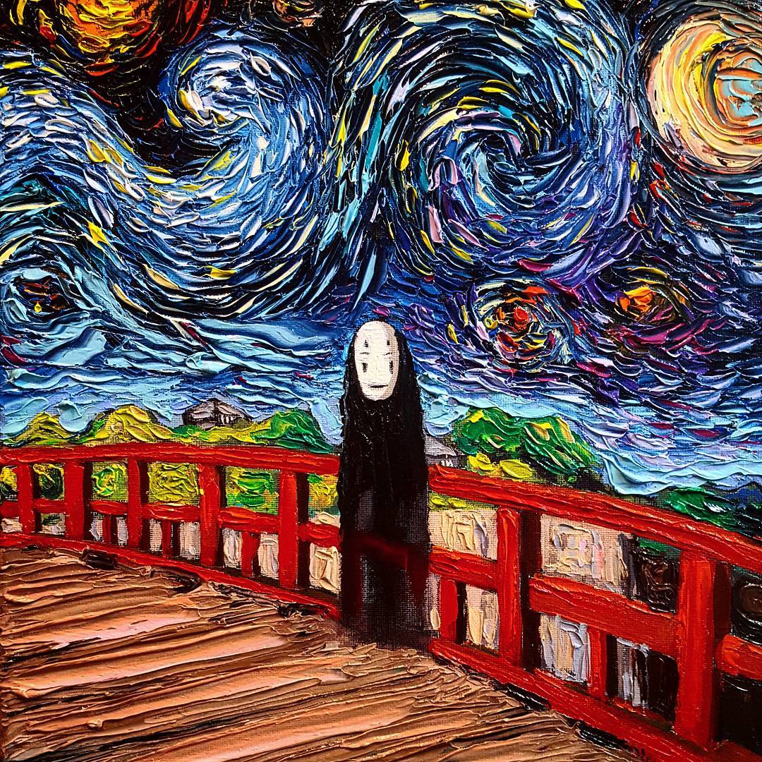 aja_trier, bridge, building, fine_art_parody, kaonashi, looking_at_viewer, mask, no_humans, oil_painting_(medium), outdoors, parody, plant, sen_to_chihiro_no_kamikakushi, sky, smile, solo, style_parody, traditional_media, vincent_van_gogh_(style)