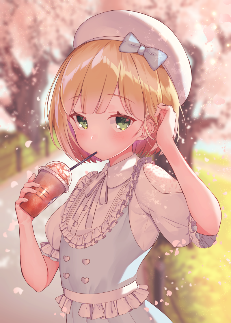 1boy, arm_up, bangs, blonde_hair, blue_bow, blue_dress, blunt_bangs, blurry