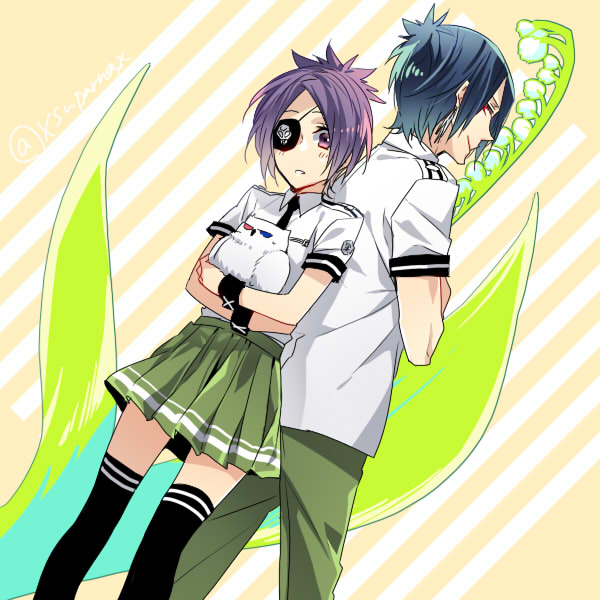 1boy, 1girl, akizuki_(edss), bird, blue_hair, chrome_dokuro, closed_mouth, commentary_request, eyepatch, katekyo_hitman_reborn, looking_at_viewer, owl, purple_hair, red_eyes, rokudou_mukuro, short_hair, skirt, skull, smile, thigh-highs, violet_eyes