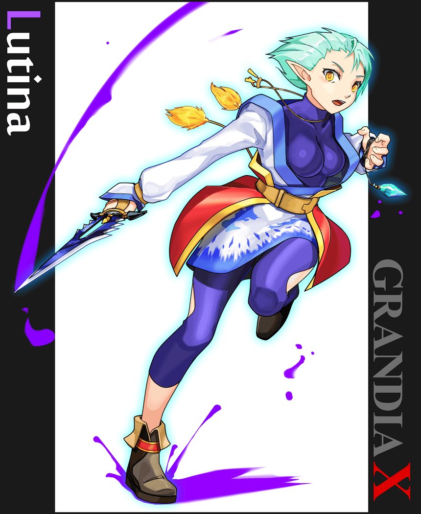 1girl, blue_hair, bodysuit, breasts, cleavage, commentary_request, grandia, grandia_xtreme