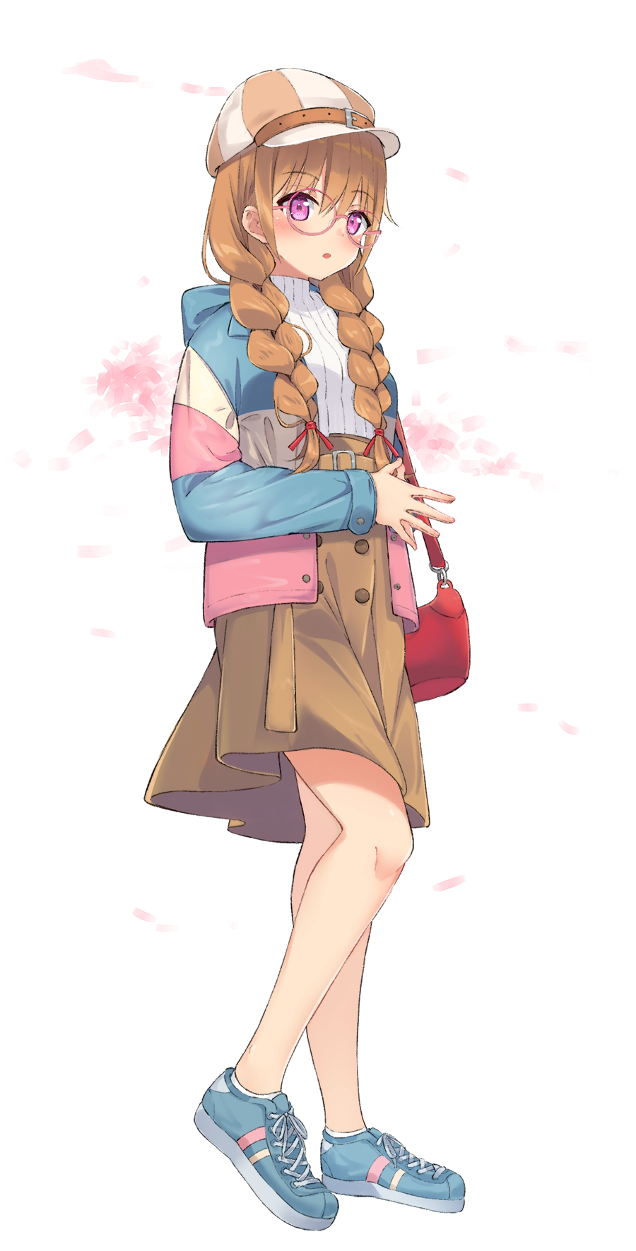 1girl, :o, bag, bang, blue_footwear, blush, braid, brown_hair