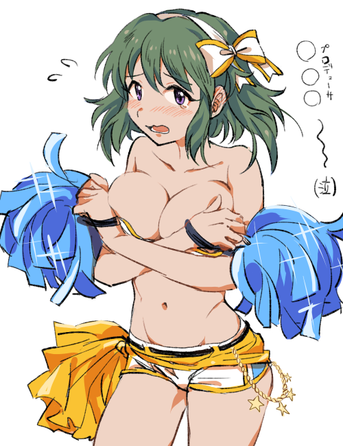 1girl, alternate_skin_color, bangs, bare_shoulders, blush, bow, breasts, collarbone, covering, covering_breasts, cowboy_shot, eyebrows_visible_through_hair, flying_sweatdrops, furrowed_eyebrows, green_hair, groin, hair_between_eyes, hairband, idolmaster, idolmaster_cinderella_girls, kakitsubata_zero, medium_breasts, natalia_(idolmaster), navel, open_mouth, pom_poms, short_hair, short_shorts, shorts, simple_background, solo, star, tears, teeth, violet_eyes, wavy_mouth, white_background, white_hairband, white_shorts