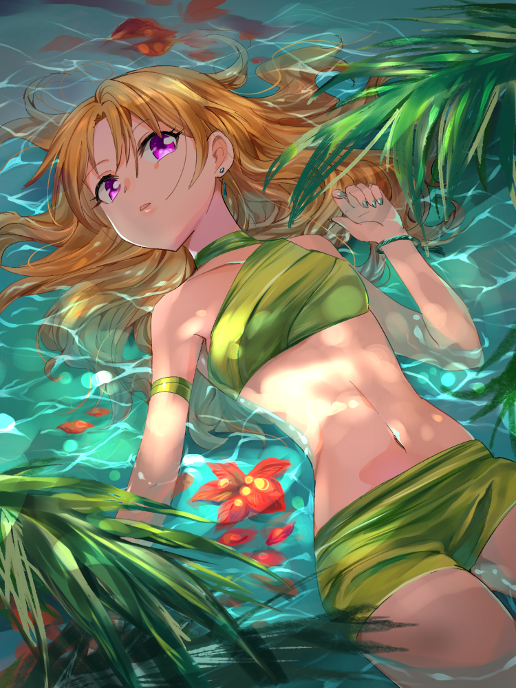1girl, aqua_nails, armband, bare_shoulders, blonde_hair, bracelet, breasts, choker, collarbone, earrings, eyebrows_visible_through_hair, fingernails, flower, green_choker, green_shorts, hand_up, idolmaster, idolmaster_cinderella_girls, jewelry, kakitsubata_zero, kiryuu_tsukasa_(idolmaster), long_hair, lying, nail_polish, navel, on_back, open_mouth, partially_submerged, petals, red_flower, shorts, small_breasts, solo, violet_eyes, water