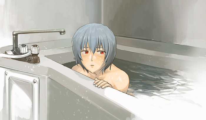 bare_shoulders, bath, bathtub, blue_hair, neon_genesis_evangelion, nude, numa_(pixiv172411), red_eyes