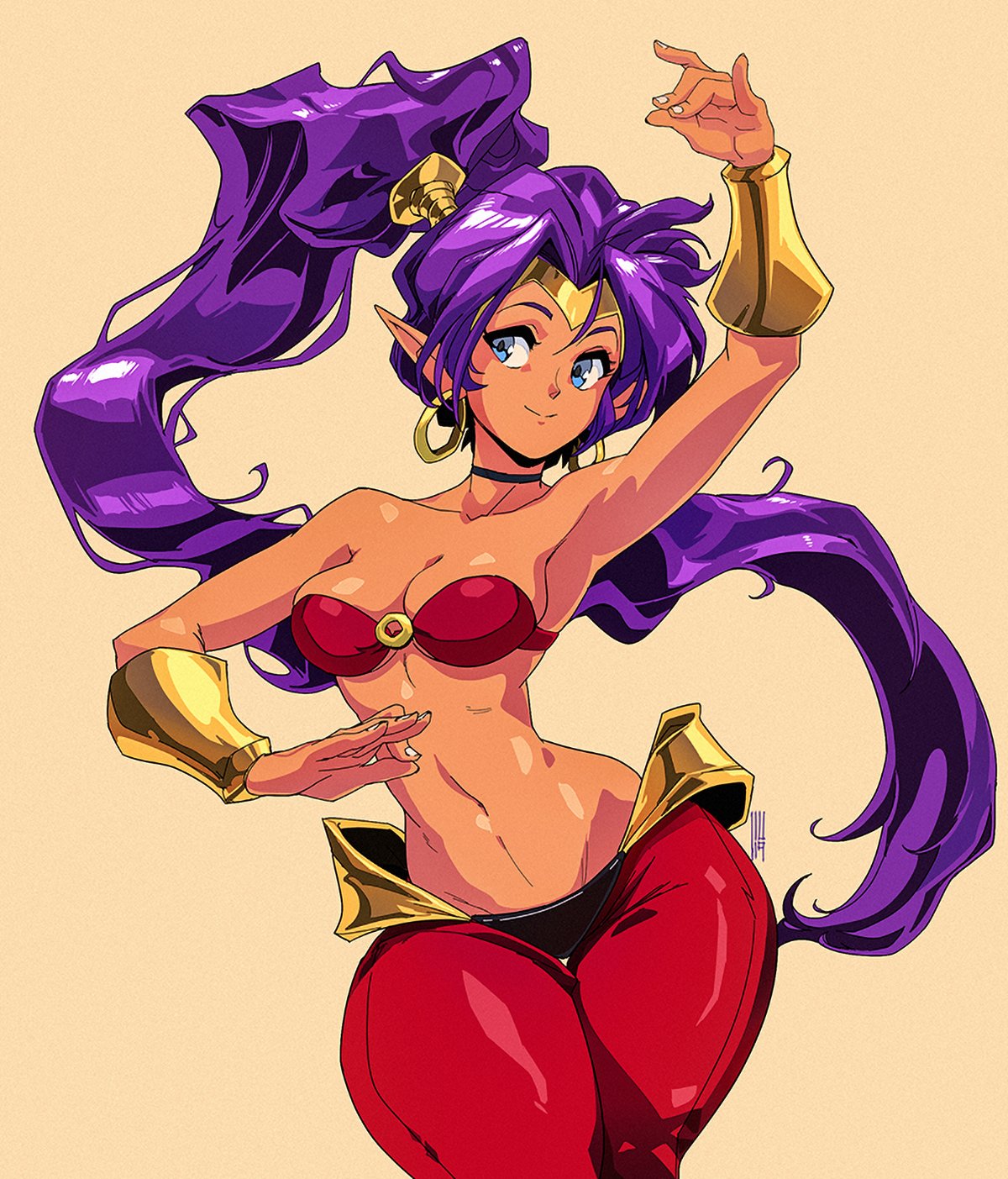 1girl, absurdly_long_hair, arabian_clothes, arm_up, armpits, bare_shoulders, belly_dancing, blue_eyes, bracer, breasts, choker, circlet, cleavage, commentary, dancing, dark_skin, david_liu, earrings, english_commentary, harem_pants, high_ponytail, highres, hoop_earrings, jewelry, long_hair, looking_to_the_side, medium_breasts, midriff, navel, o-ring, o-ring_top, pants, pointy_ears, purple_hair, red_pants, shantae_(character), shantae_(series), shantae_5, simple_background, smile, solo, thick_thighs, thigh_gap, thighs, very_long_hair, wide_hips
