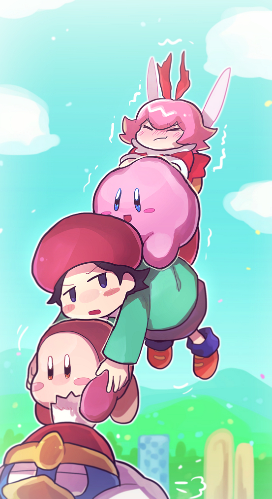 00s, 2girls, 3others, adeleine, black_hair, blue_sky, carrying, chiimako