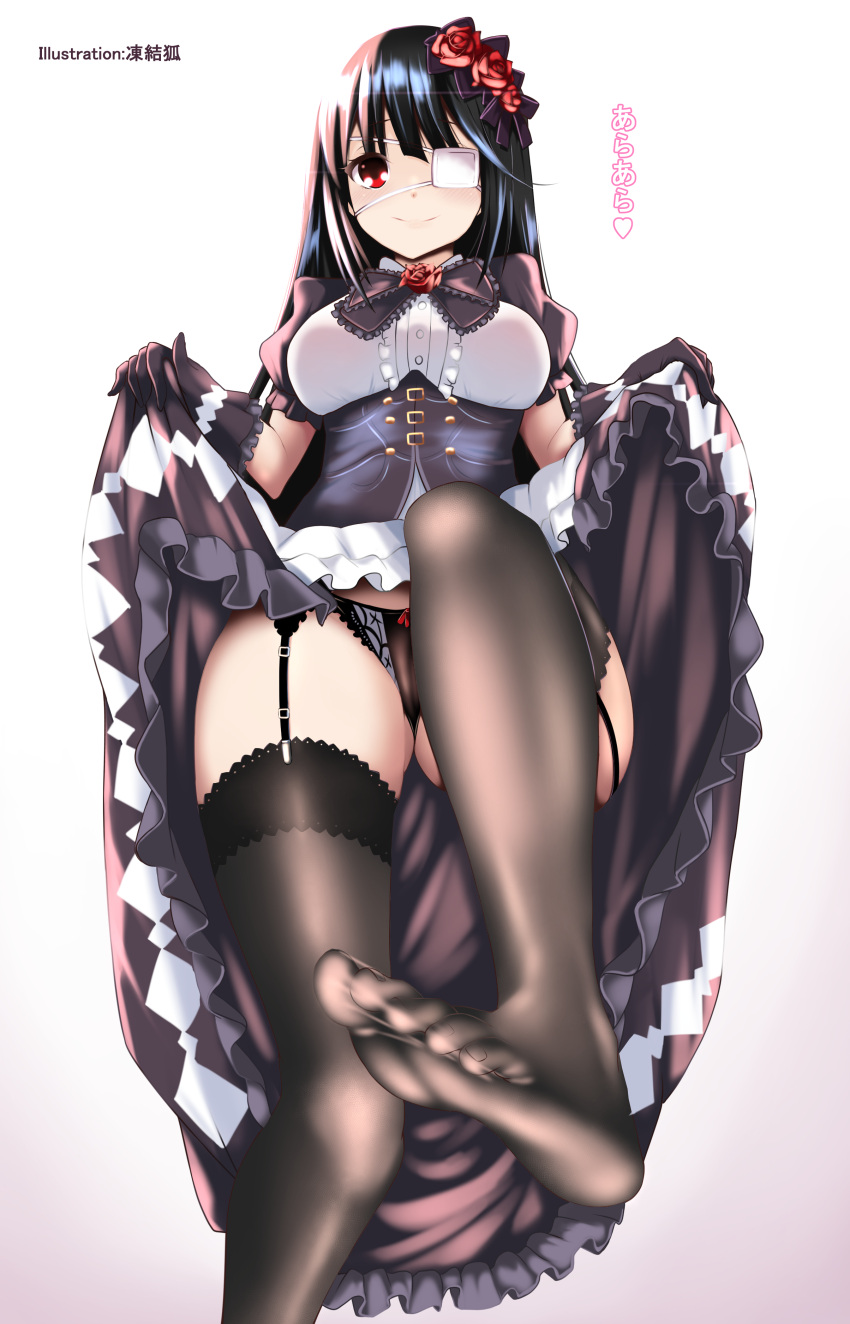 1girl, absurdres, ass, black_hair, black_panties, breasts, commentary, date_a_live, dress, dress_lift, english_commentary, eyepatch, feet, flower, garter_straps, gloves, hair_flower, hair_ornament, highres, incro300, lifted_by_self, lolita_fashion, long_hair, medium_breasts, panties, red_eyes, smile, solo, thigh-highs, thighs, toes, tokisaki_kurumi, translation_request, underwear, upskirt, very_long_hair