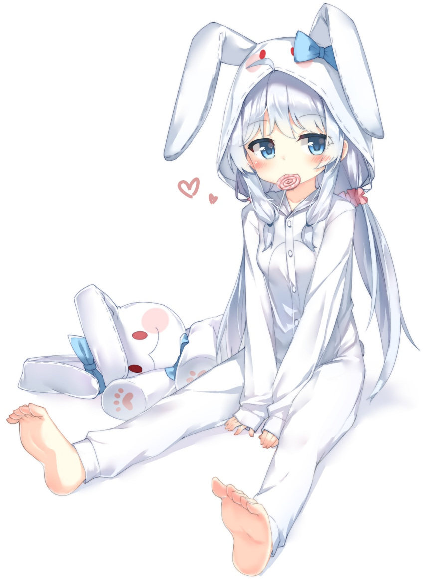 1girl, ahoge, animal_ears, animal_hood, bangs, barefoot, between_legs, blue_bow