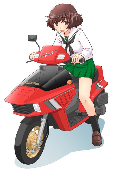1girl, akiyama_yukari, bangs, black_legwear, black_neckwear, blouse, brown_eyes, brown_footwear