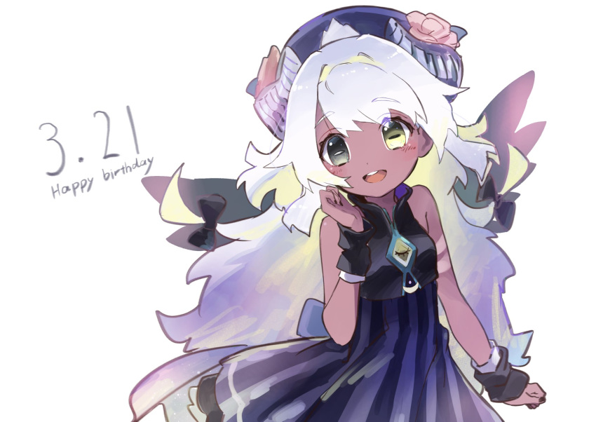 1girl, amaryllis, bangs, black_dress, black_wings, blonde_hair, blush, cowboy_shot