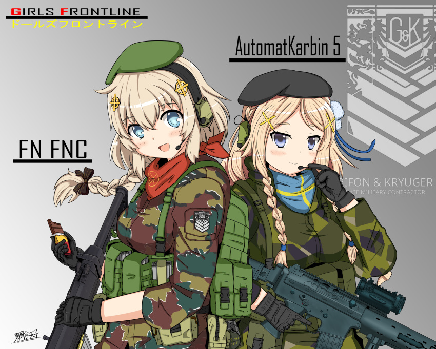 2girls, absurdres, ak-5, ak5_(girls_frontline), assault_rifle, bandanna, beret, blonde_hair