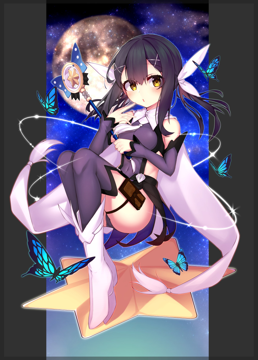1girl, absurdres, bare_shoulders, black_hair, boots, breasts, bug, butterfly