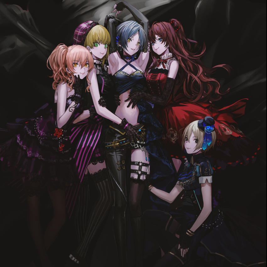 5girls, absurdres, ahoge, armpits, arms_up, asymmetrical_legwear, bangs, bare_shoulders