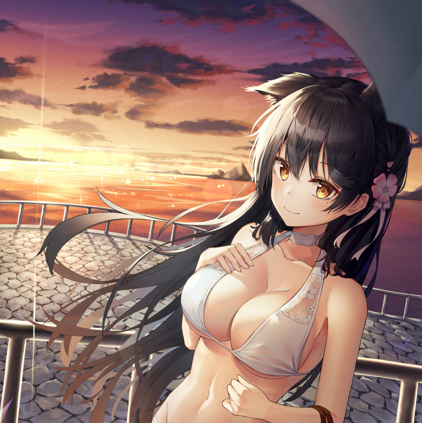 1girl, animal_ears, atago_(azur_lane), azur_lane, bare_arms, bare_shoulders, bikini, black_hair