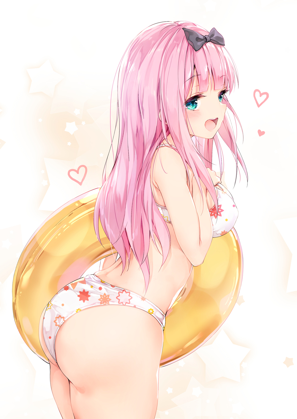 1girl, ass, bangs, bikini, black_bow, blue_eyes, bow, breasts