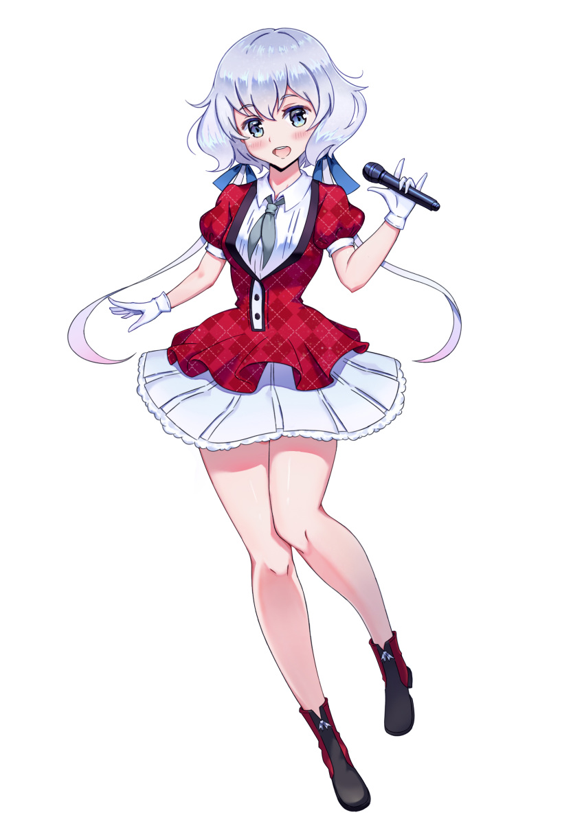 1girl, absurdres, black_footwear, blue_eyes, blue_ribbon, boots, collared_shirt, dress_shirt, eyebrows_visible_through_hair, full_body, gloves, grey_neckwear, hair_between_eyes, hair_ribbon, highres, holding, holding_microphone, konno_junko, looking_at_viewer, microphone, miniskirt, pleated_skirt, ribbon, shiny, shiny_hair, shirt, short_hair_with_long_locks, short_sleeves, sidelocks, silver_hair, simple_background, skirt, softwareworker, solo, twintails, white_background, white_gloves, white_shirt, white_skirt, wing_collar, zombie_land_saga
