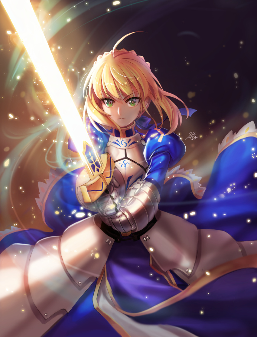 1girl, ahoge, armor, armored_dress, artoria_pendragon_(all), blonde_hair, blue_dress, braided_bun