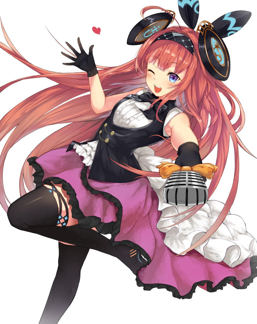 1girl, ;d, black_footwear, black_gloves, black_hairband, black_neckwear, blue_eyes, blush