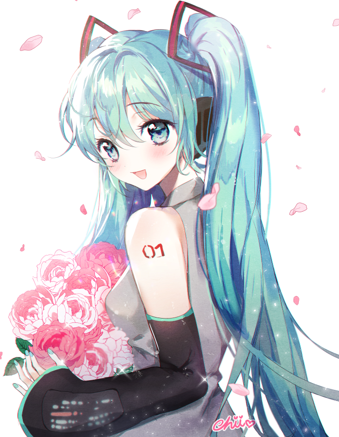 1girl, :d, aqua_eyes, aqua_hair, aqua_nails, artist_name, bangs, blush, bouquet, chii_(nyaong9), detached_sleeves, flower, grey_shirt, hair_ornament, hatsune_miku, headphones, long_hair, long_sleeves, looking_at_viewer, looking_back, nail_polish, number_tattoo, open_mouth, petals, shirt, shoulder_tattoo, smile, solo, tattoo, twintails, upper_body, very_long_hair, vocaloid, white_background
