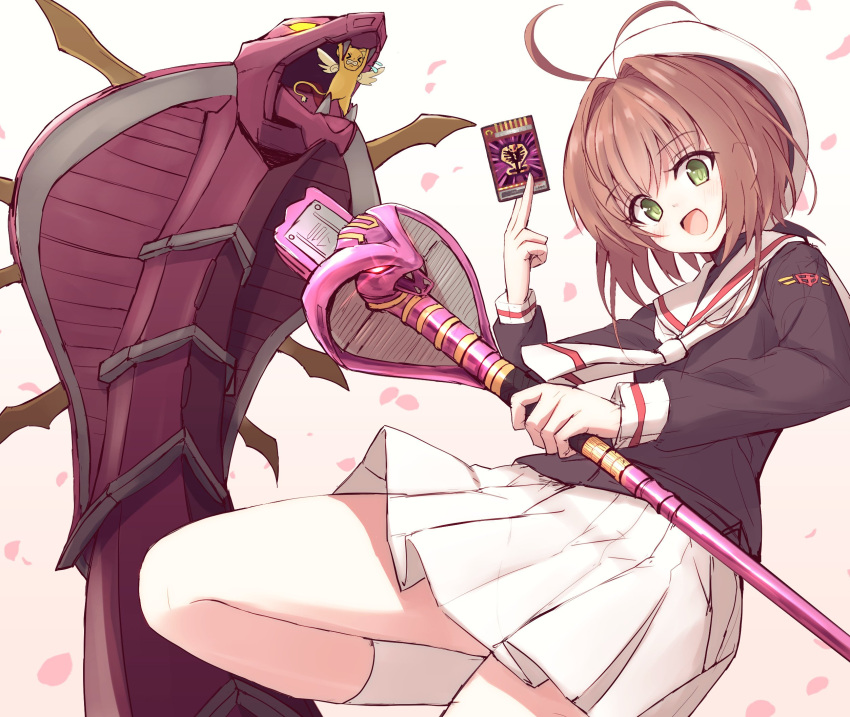 >_<, 1girl, antenna_hair, bangs, beret, black_shirt, brown_hair, card