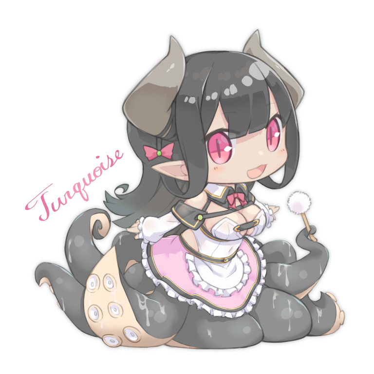 1girl, apron, black_hair, black_horns, blush, bow, bowtie, breasts