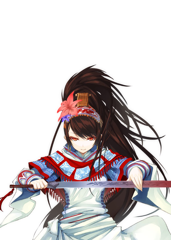 brown_hair, dress, flower, long_hair, red_eyes, sangokushi_taisen, shingo, shingo_(artist)