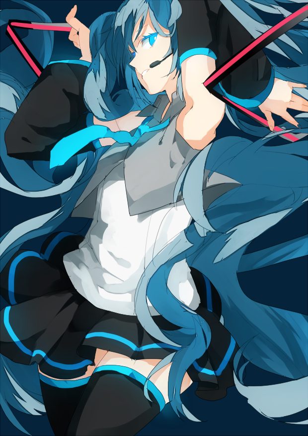 1girl, armpits, arms_up, black_skirt, blue_eyes, blue_hair, blue_neckwear, cowboy_shot