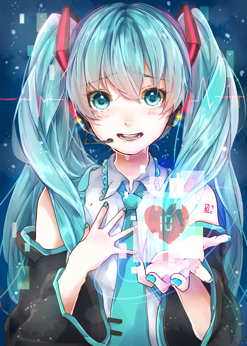 1girl, absurdres, bare_shoulders, blue_eyes, blue_hair, blue_nails, blue_neckwear, blush