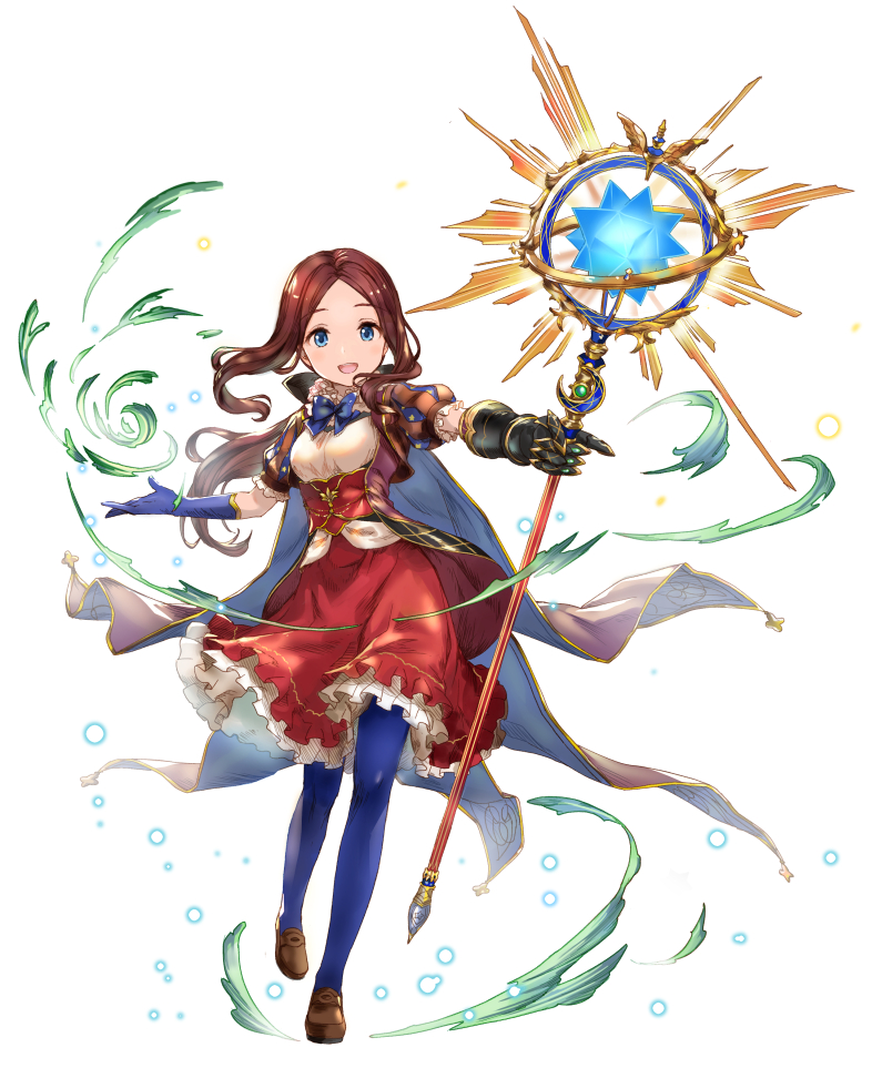 1girl, :d, alle_gro, bangs, blue_eyes, blue_gloves, blue_legwear, breasts, brown_footwear, brown_hair, commentary_request, crescent, elbow_gloves, eyebrows_visible_through_hair, fate/grand_order, fate_(series), forehead, full_body, gauntlets, gloves, granblue_fantasy_(style), holding, holding_staff, leonardo_da_vinci_(fate/grand_order), loafers, long_hair, medium_breasts, open_mouth, pantyhose, parted_bangs, puff_and_slash_sleeves, puffy_short_sleeves, puffy_sleeves, red_skirt, shirt, shoes, short_sleeves, simple_background, single_gauntlet, single_glove, skirt, smile, solo, staff, standing, standing_on_one_leg, very_long_hair, white_background, white_shirt