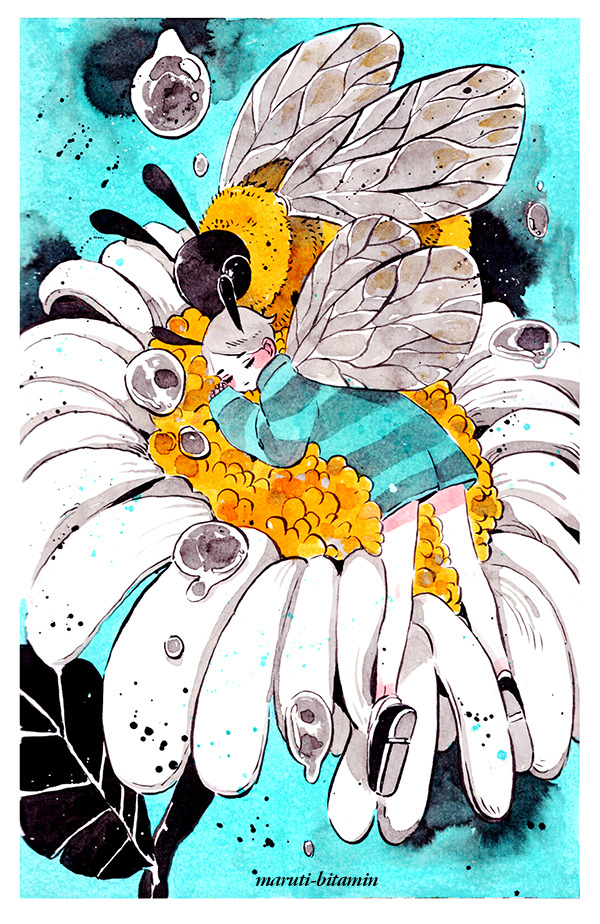 1girl, aqua_background, artist_name, bee, bee_girl, black_footwear, bug, closed_eyes