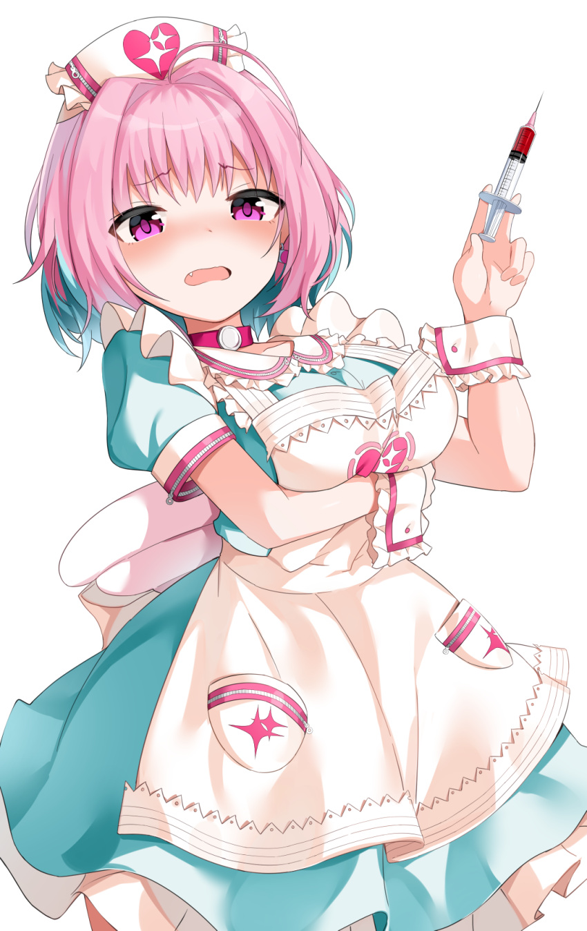 1girl, ahoge, apron, bangs, blue_dress, blue_hair, blush, breasts