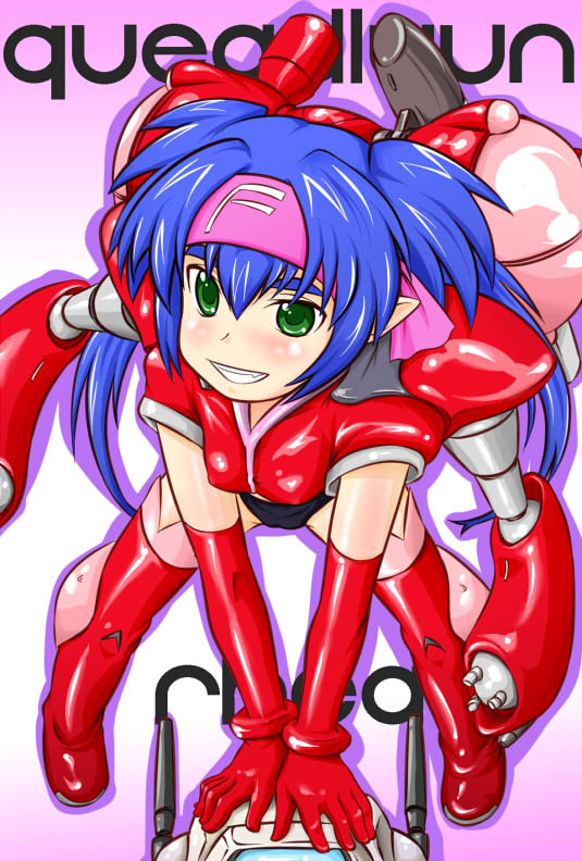 bent_over, blue_hair, boots, chibi, elbow_gloves, fang, gloves, green_eyes