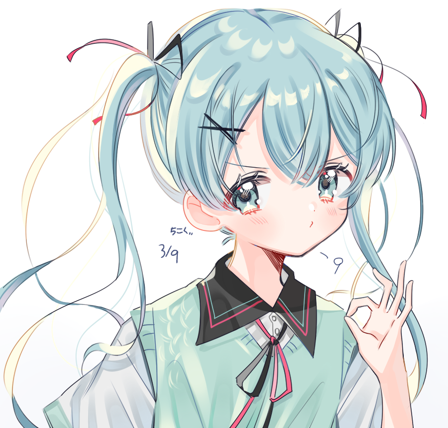 1girl, aqua_eyes, aqua_hair, bangs, blush, dated, hair_ornament, hatsune_miku