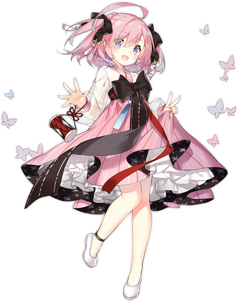 1girl, :d, ahoge, alternate_costume, ankleband, azur_lane, bangs, black_bow, blush, bow, breasts, eyebrows_visible_through_hair, eyes_visible_through_hair, full_body, gomusin, gradient_hair, hair_bow, hanbok, hanbok_lift, hand_up, korean_clothes, long_hair, looking_at_viewer, multicolored_hair, official_art, open_mouth, petals, pink_hair, saratoga_(azur_lane), saru, see-through, shoes, sidelocks, smile, twintails, violet_eyes, white_footwear