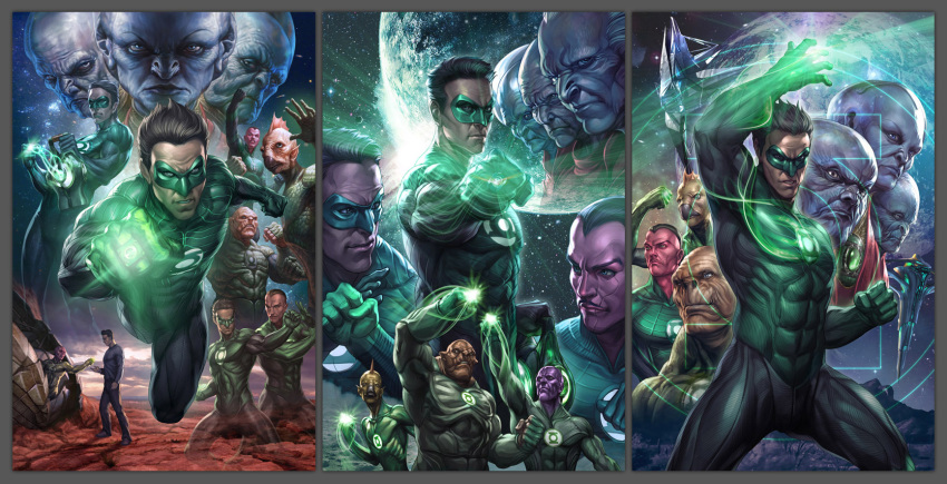 6+boys, abin_sur, alien, appa_ali_apsa, black_hair, border, chrisnfy85, collaboration, commentary, dc_comics, energy, english_commentary, green_lantern, green_lantern_(series), green_theme, grey_border, hal_jordan, highres, jewelry, kilowog, male_focus, mask, multiple_boys, official_art, pazu_pinder_pol, ring, scar_(green_lantern), sinestro, stanley_lau, tomar-re