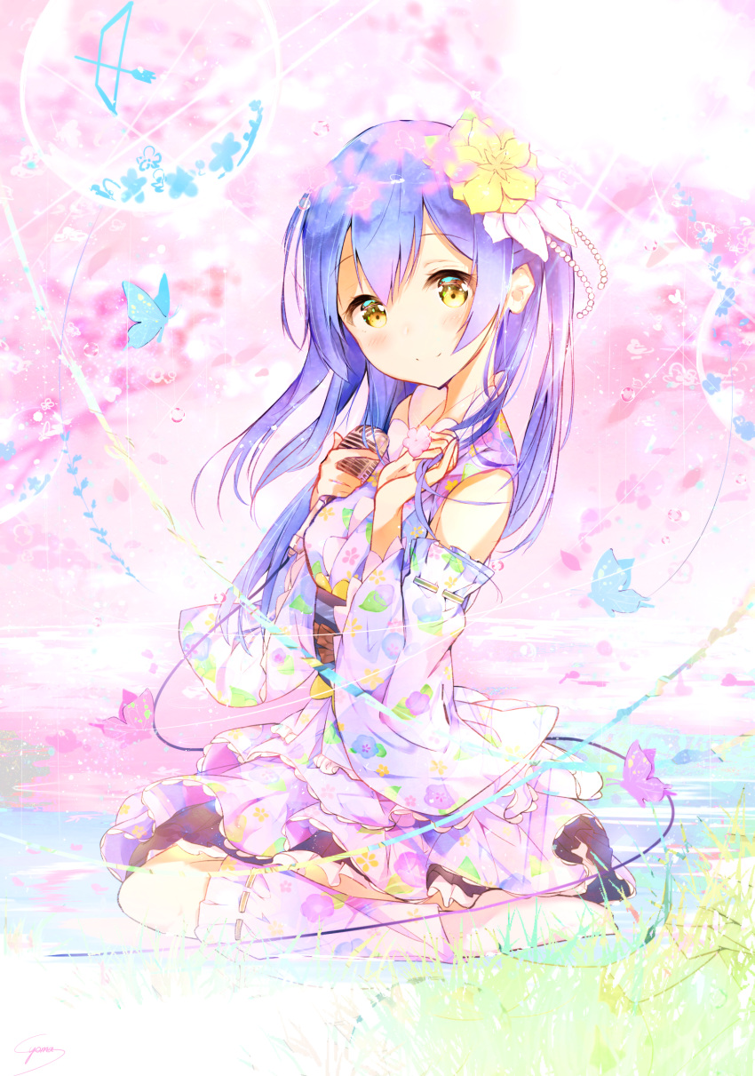 1girl, bangs, bare_shoulders, blue_hair, blush, closed_mouth, commentary_request, detached_sleeves