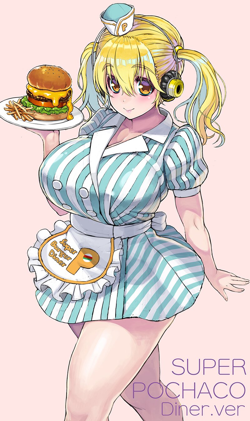 1girl, apron, blonde_hair, breasts, cleavage, curvy, diner, food
