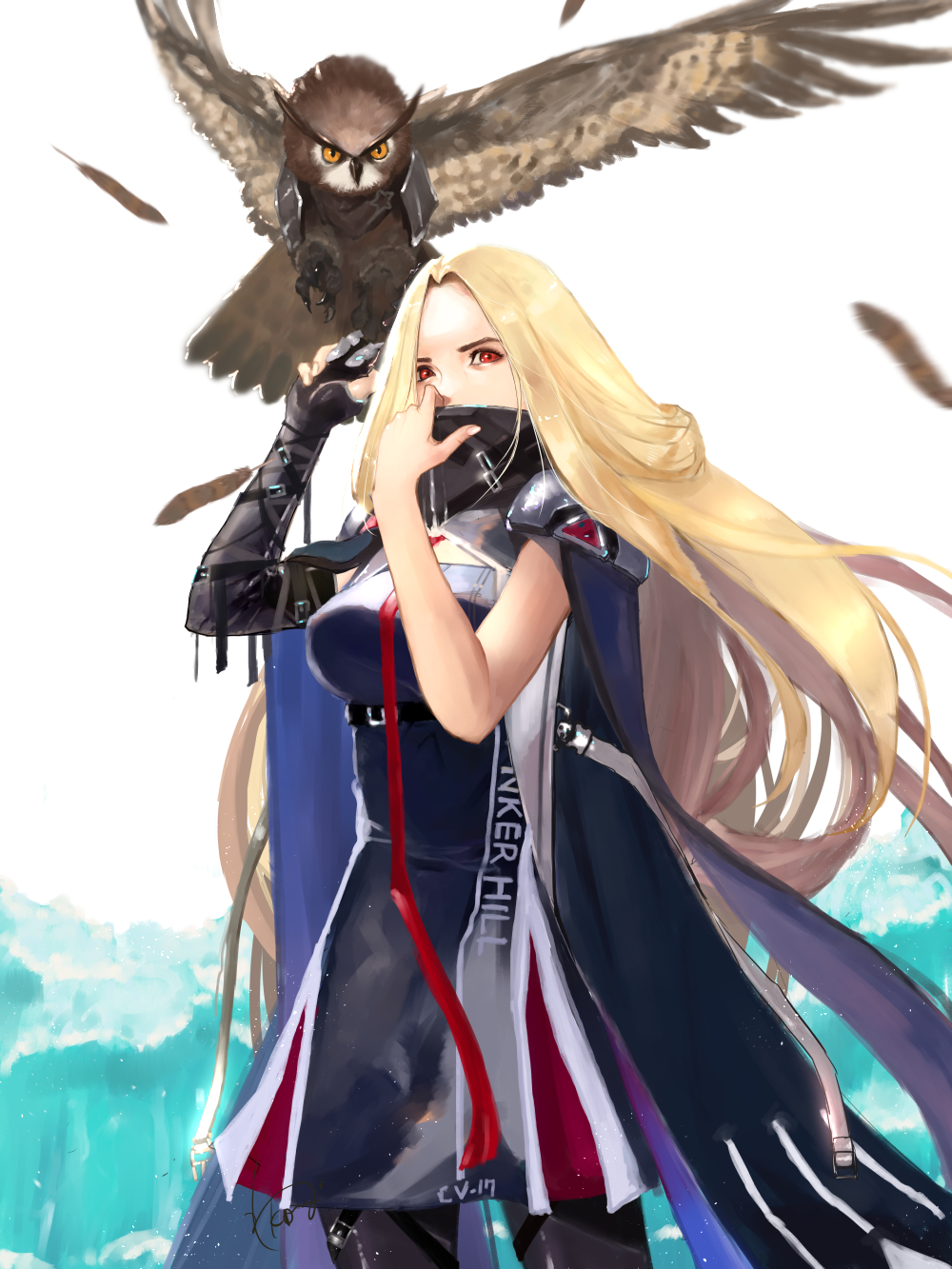 1girl, asymmetrical_gloves, azur_lane, bangs, bird, blonde_hair, blue_cloak, blush