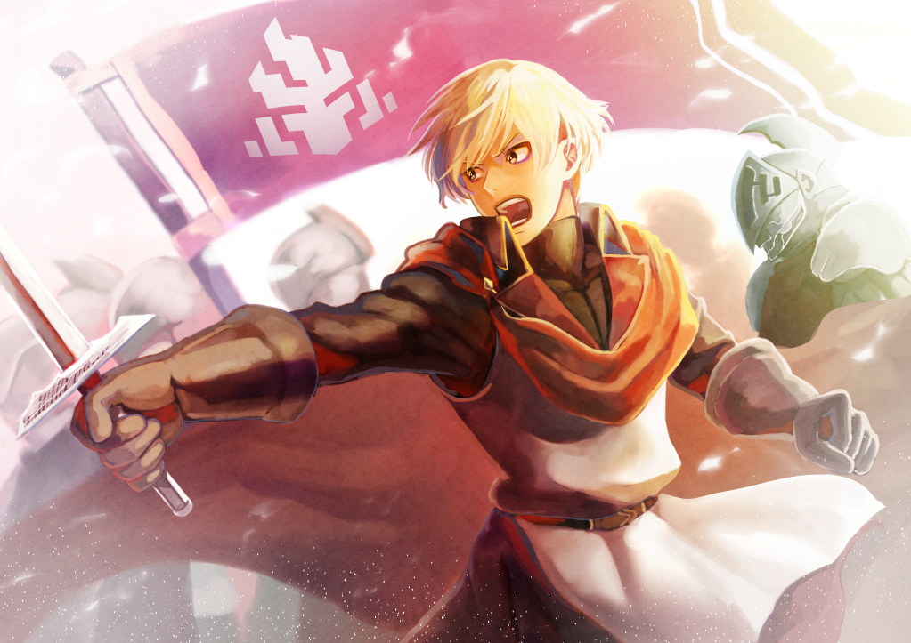 4boys, armor, battle_standard, belt, blonde_hair, brown_eyes, brown_gloves, cape