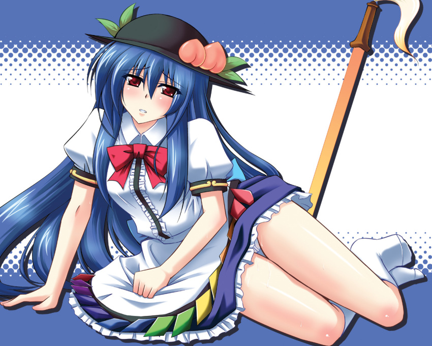 blue_hair, food, fruit, hat, hinanawi_tenshi, long_hair, niku_soukyuu, peach