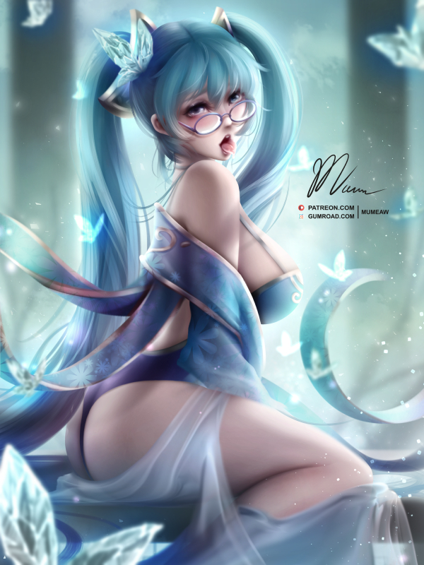 1girl, blue_hair, fantasy, league_of_legends, mumeaw, sitting, sitting_on_object, sona_buvelle