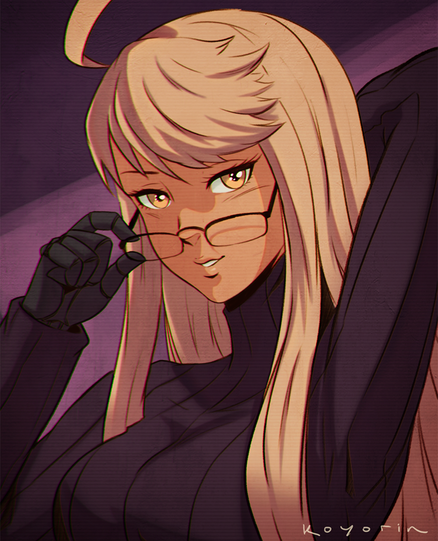 1girl, adjusting_eyewear, ahoge, alma_(va-11_hall-a), arms_up, bangs, black-framed_eyewear, black_sweater, blonde_hair, breasts, brown_eyes, eyelashes, glasses, hair_over_shoulder, huge_ahoge, koyorin, large_breasts, long_hair, looking_at_viewer, mechanical_hands, over-rim_eyewear, ribbed_sweater, semi-rimless_eyewear, solo, sweater, swept_bangs, turtleneck, turtleneck_sweater, va-11_hall-a