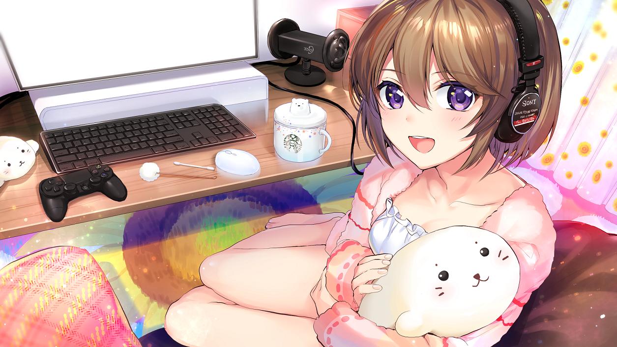 1girl, :d, barefoot, bean_bag_chair, brown_hair, computer, controller, cup