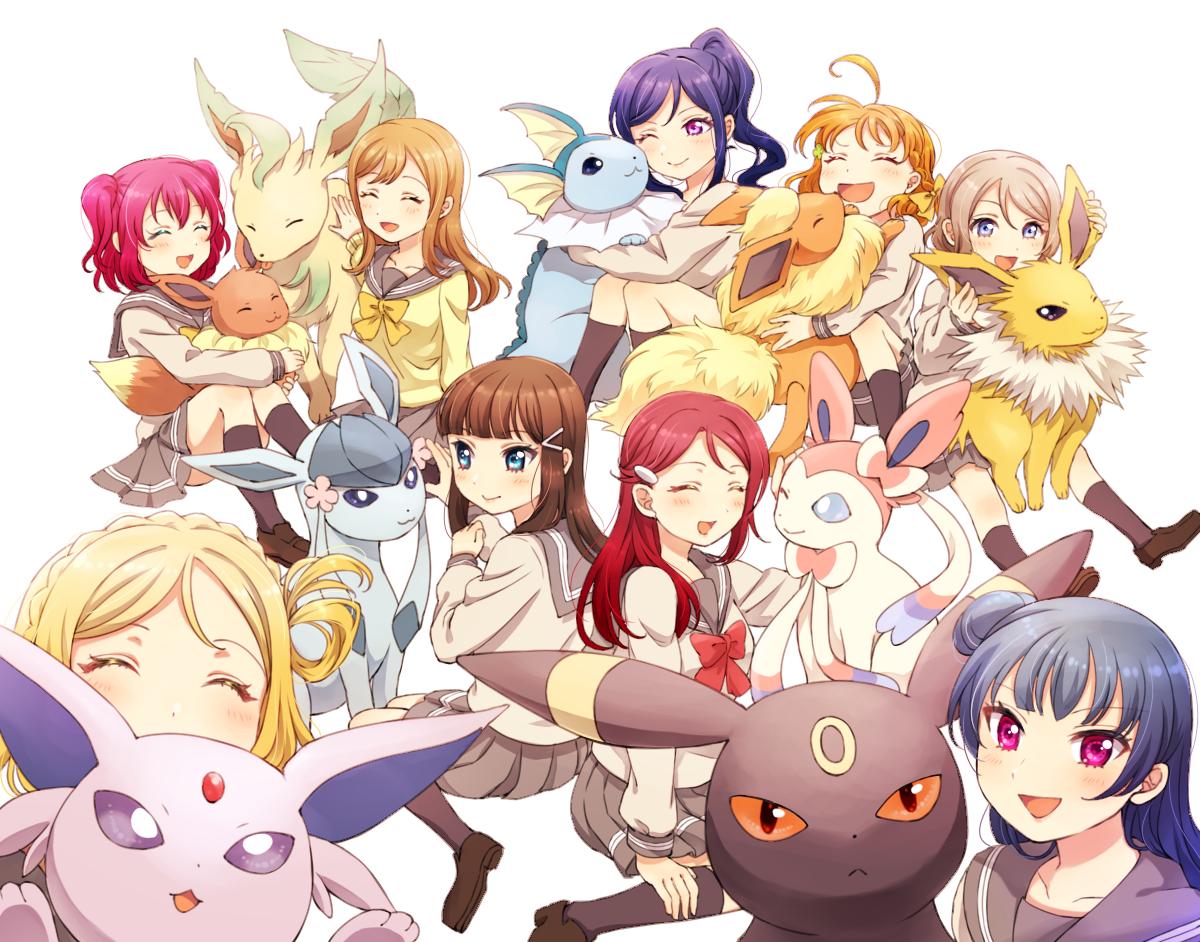 :<, :3, :d, animal, antenna_hair, bangs, black_hair, black_legwear, blonde_hair, blue_eyes, blue_hair, blush, bow, braid, brown_eyes, brown_footwear, brown_hair, closed_eyes, collarbone, creature, creatures_(company), crossover, crown_braid, dark_blue_hair, eevee, eeveelutions, espeon, fins, fluffy, fur, game_freak, gem_on_head, gen_1_pokemon, gen_2_pokemon, gen_4_pokemon, gen_6_pokemon, glaceon, grey_hair, hair_bow, hair_ornament, hair_rings, hairclip, hands_on_own_leg, happy, heru_(totoben), high_ponytail, jolteon, kunikida_hanamaru, kurosawa_dia, kurosawa_ruby, laughing, leafeon, long_hair, long_sleeves, love_live!, love_live!_sunshine!!, mary_janes, matsuura_kanan, nintendo, ohara_mari, one_eye_closed, open_mouth, orange_hair, petting, pink_hair, pleated_skirt, pointy_ears, pokemon, pokemon_(creature), pokemon_(game), ponytail, red_bow, red_eyes, redhead, sailor_collar, sakurauchi_riko, school_uniform, seiza, shoes, short_hair, side_bun, sidelocks, simple_background, sitting, skirt, smile, socks, sweater, sylveon, tail, takami_chika, tongue, tongue_out, tsushima_yoshiko, twintails, umbreon, vaporeon, violet_eyes, watanabe_you, white_background, yellow_bow, yellow_sweater