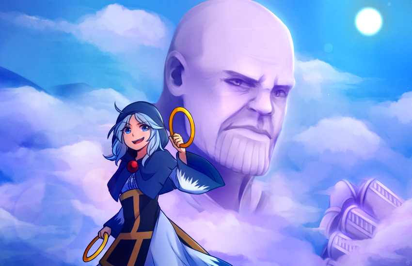 1boy, 1girl, ahoge, bald, blue_capelet, blue_eyes, blue_hair, capelet, clenched_hand, clouds, commentary, cosplay, english_commentary, eyebrows_visible_through_hair, frills, highres, holding, holding_ring, hood, infinity_gauntlet, jewelry, kesa, kumoi_ichirin, lens_flare, long_sleeves, looking_at_viewer, marvel, mountain, nun, outdoors, pendant, pink_skin, ring, short_hair, speckticuls, sun, thanos, thanos_(cosplay), touhou, unzan, wide_sleeves
