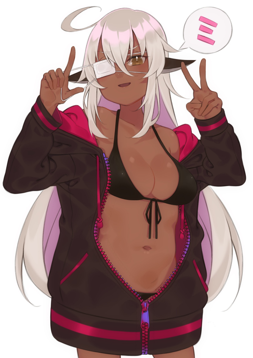 1girl, absurdres, bikini, black_bikini, black_jacket, breasts, character_request, cleavage, cowboy_shot, dark_skin, e_draw_paint, eyebrows_visible_through_hair, eyepatch, eyepatch_pull, front-tie_bikini, front-tie_top, full-length_zipper, grey_hair, hair_between_eyes, highres, hood, hooded_jacket, jacket, large_breasts, long_hair, long_sleeves, navel, open_mouth, original, simple_background, smile, smug, solo, speech_bubble, swimsuit, unzipped, v, very_long_hair, white_background, yellow_eyes, zipper, zipper_pull_tab