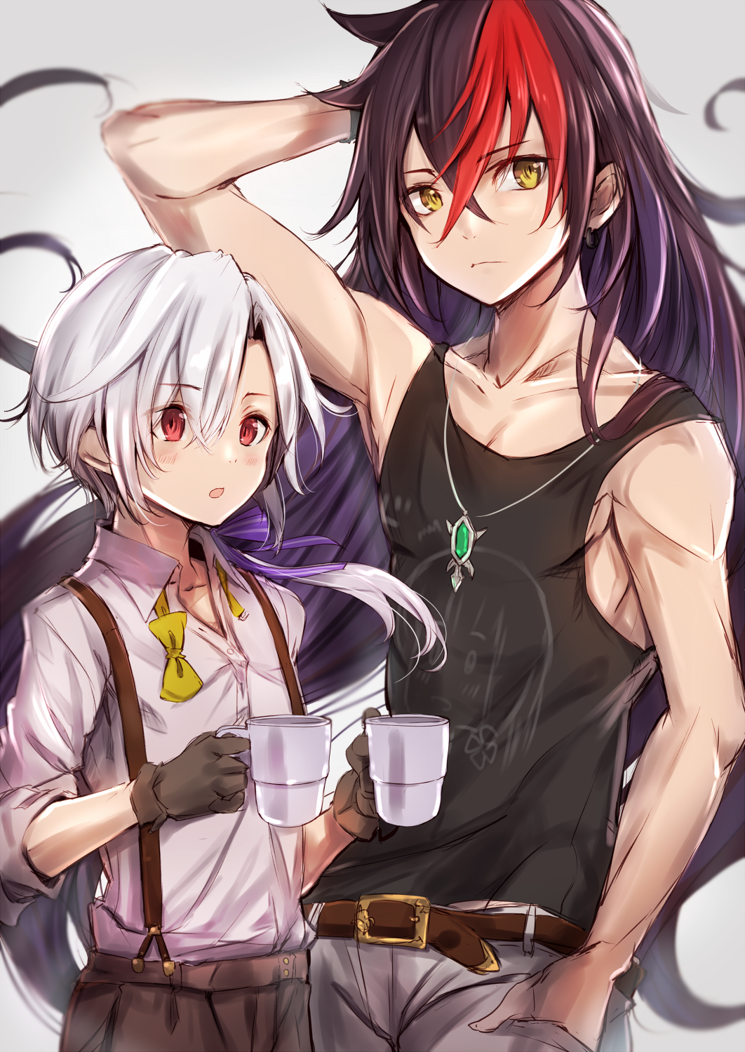 2boys, belt, black_hair, black_shirt, blush, bow, brown_belt, collarbone, commentary_request, cup, eyebrows_visible_through_hair, fuku_kitsune_(fuku_fox), hair_between_eyes, hair_bow, hair_ornament, hand_in_hair, highres, holding, holding_cup, joshua_lerner, long_hair, looking_at_viewer, male_focus, multicolored_hair, multiple_boys, red_eyes, redhead, shironeko_project, shirt, shorts, sleeveless, sleeveless_shirt, suspenders, two-tone_hair, white_hair, white_shirt, yellow_bow, yellow_eyes, yellow_neckwear